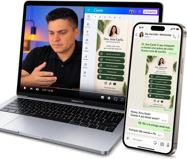 Aula bônus no notebook e conversa de WhatsApp fechando o primeiro cliente