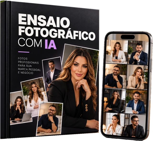 Material ensaio fotográfico com IA e celular com fotos profissionais