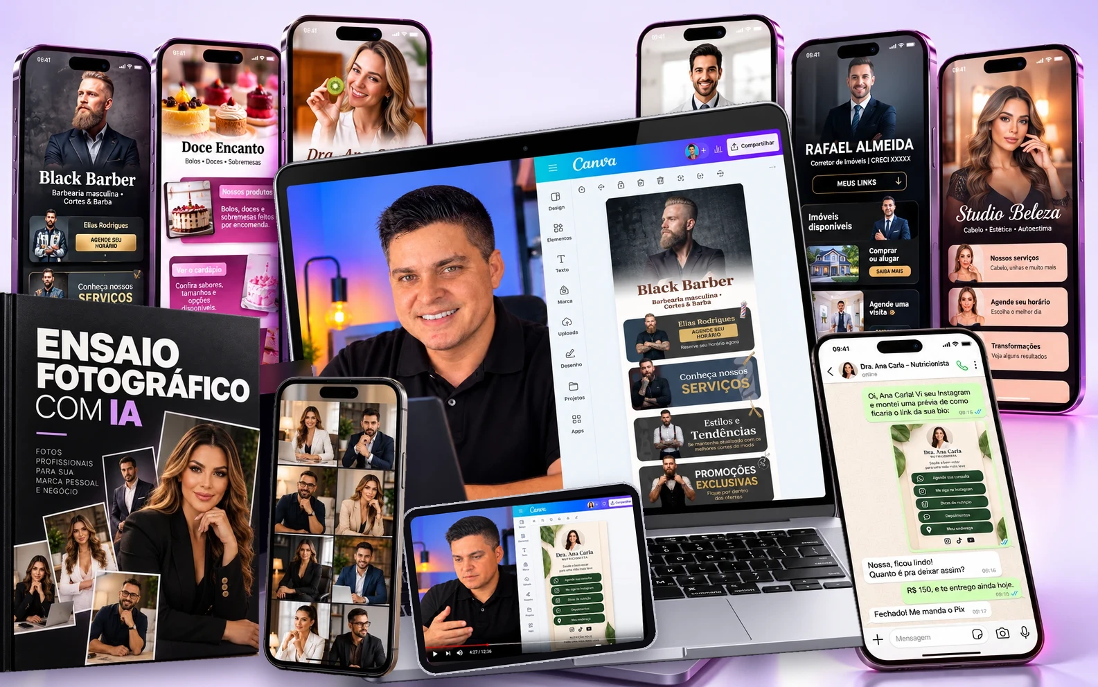 Kit completo Bio Lucrativa: notebook com o Canva, mais de 20 modelos no celular, aula bônus e fotos com IA